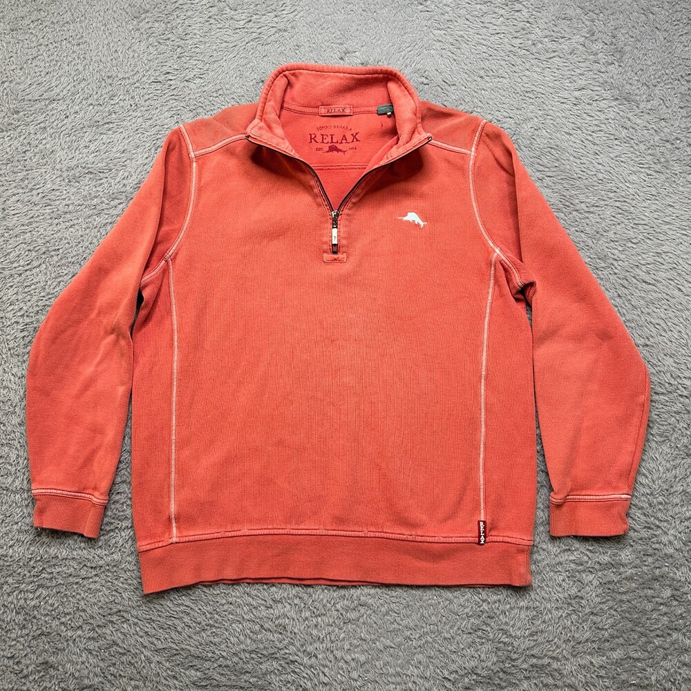 Tommy Bahama Pullover Mens M Orange 1/4 Zip Front Logo Sweater Shirt Longsleeve
